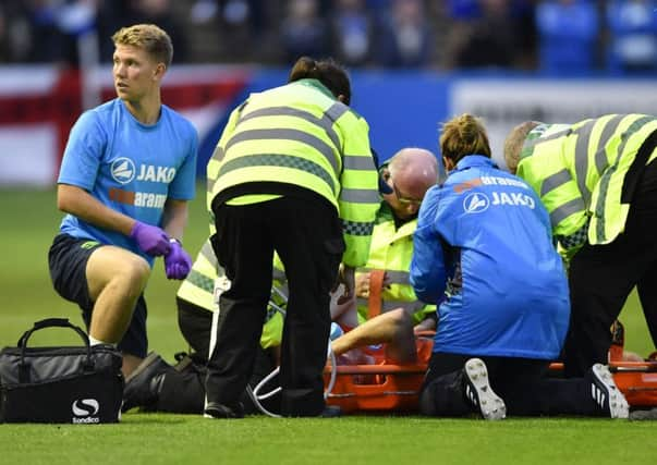 ChesterfieldÃ¢Â¬"s Sam Wedgbury is stretchered off the pitch: Picture by Steve Flynn/AHPIX.com, Football: Vanarama National League match Barrow -V- Chesterfield at Holker Street, Barrow, Cumbria, England copyright picture Howard Roe 07973 739229