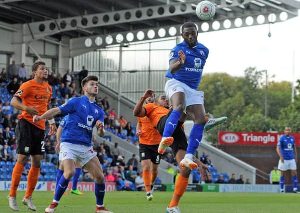 Chesterfield FC v Barnet FC.
second half substitute, Chigozi Ugwu makes his presence known in the Barnet six yard box.