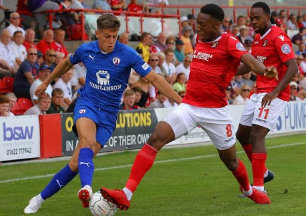 Picture by Gareth Williams/AHPIX.com; Football; Vanarama National League; Ebbsfleet United v Chesterfield FC; 04/08/2018 KO 15:00; The Kuflink Stadium; copyright picture; Howard Roe/AHPIX.com; Spireites' Charlie Carter is tackled by Ebbsfleet's Ebou Adams