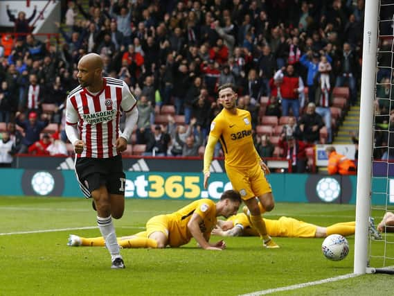 David McGoldrick of Sheffield Utd scores the winning goal against Preston