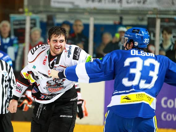 Coventry Blaze v Sheffield Steelers, October 2012. Tom Sestito, left, fights Coventry's Benn Olson. Picture: Mark Tredgold