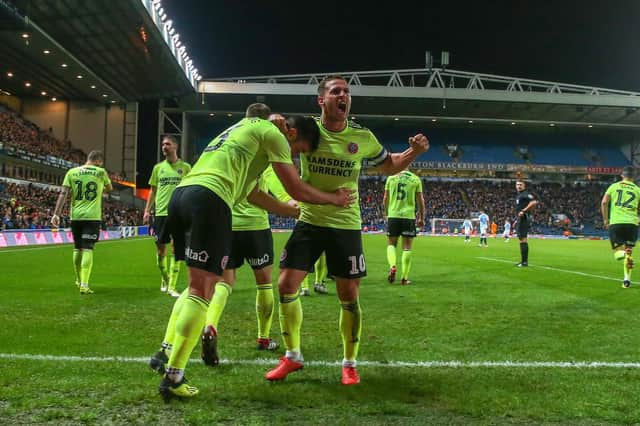 Billy Sharp of Sheffield Utd celebrates scoring the second goal during the Sky Bet Championship match at Ewood Park Stadium, Blackburn.  Simon Bellis/Sportimage