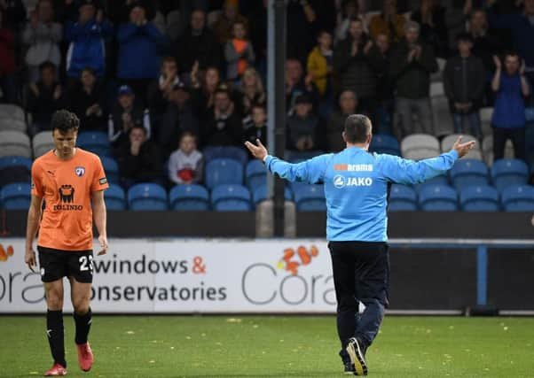 Chesterfield manager Martin Allen salutes the Chesterfield fans before the game: Picture by Steve Flynn/AHPIX.com, Football: Vanarama National League match FC Halifax Town -V- Chesterfield at The Shay, Halifax, West Yorkshire, England on copyright picture Howard Roe 07973 739229