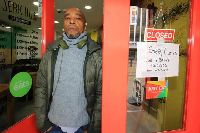 Paul Simmonds from the Jerk Hut on High Street in Sheffield after it was broken into on Monday. Picture: Chris Etchells.