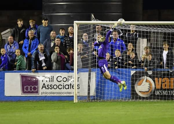 Chesterfield goalkeeper Shwan Jalal tips a long range shot over the bar: Picture by Steve Flynn/AHPIX.com, Football: Vanarama National League match Barrow -V- Chesterfield at Holker Street, Barrow, Cumbria, England copyright picture Howard Roe 07973 739229