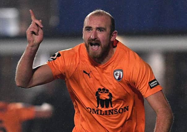 Picture Andrew Roe/AHPIX LTD, Football, Emirates FA Cup First Round Replay, Billericay Town v Chesterfield, AGP Arena, 20/11/18, K.O 7.45pm

Chesterfield's Tom Denton celebrates his second goal

Andrew Roe>>>>>>>07826527594