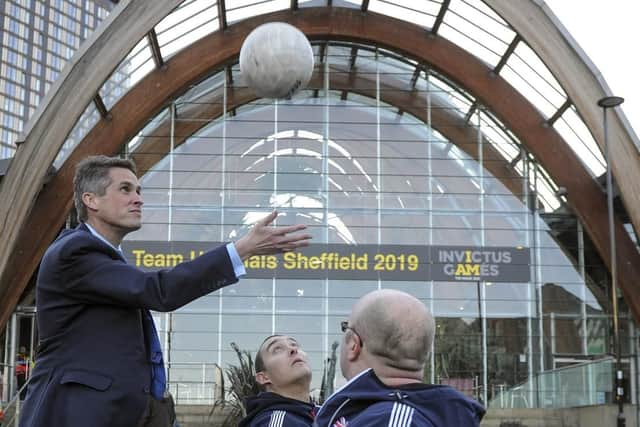 Defence Secretary Gavin Williamson with wheelchair basketball players at the launch of  the 2019 UK Invictus Games Trials which are to be held in Sheffield in July. Picture Scott Merrylees