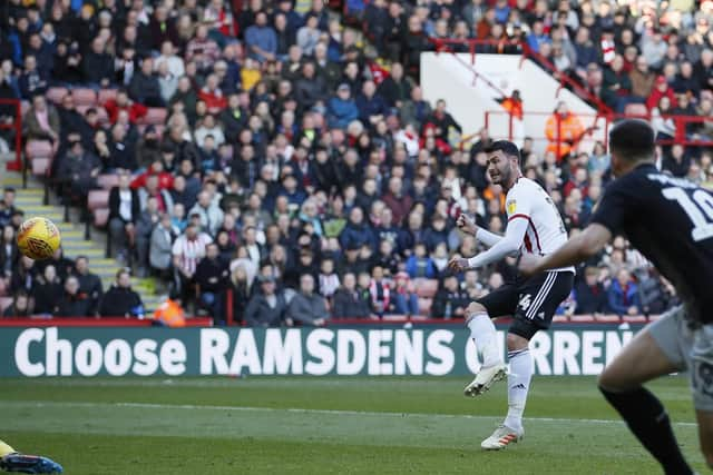 Gary Madine of Sheffield Utd scores his first for the club: Simon Bellis/Sportimage