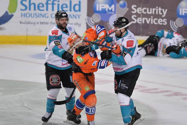 Tanner Eberle getting hit high v Belfast Giants