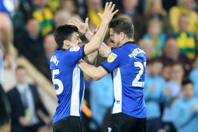 Fernando Forrestieri celebrates his first half goal at Norwich with Sam Hutchinson