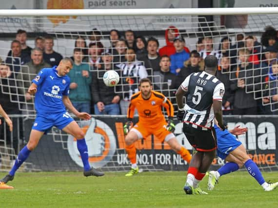 Maidenhead's Ayo Obileye beats Shwan Jalal with a long range effort