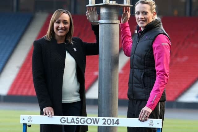 Olympic gold medalist  Jessica Ennis-Hill (left) and Commonwealth silver medalist, Eilidh Child during the photocall at Hampden Park, Glasgow.Photo: Andrew Milligan/PA Wire.