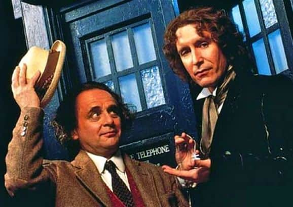 Dr Who stars Sylvester McCoy and Paul McGann with the Tardis.