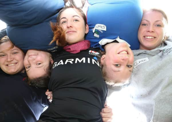 WOMEN'S RUGBY TEAM APPEAL FOR MORE MEMBERS     Scrum L>R Jo Clark, Rachel Goodall, Lian Kirkbride, Charli Parvin, Clar Boot