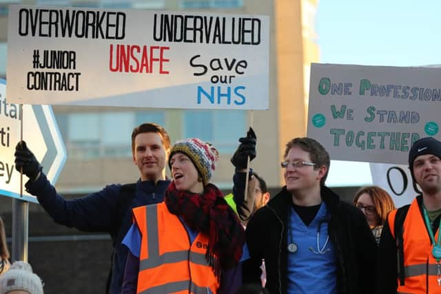 Junior doctors on strike outside The Royal Hallamshire Hospital, sheffield today February 10 2016. Junior doctors have walked out on a 24hour strike again today to voice their concerns over new proposed contracts and a 7 day NHS.