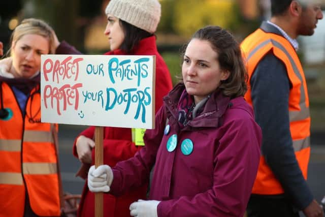 Junior doctors on strike outside The Royal Hallamshire Hospital, sheffield today February 10 2016. Junior doctors have walked out on a 24hour strike again today to voice their concerns over new proposed contracts and a 7 day NHS.