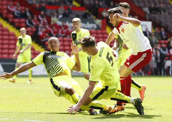 Diego De Girolamo of Sheffield Utd has a shot blocked during the PDL U21 Final at Bramall Lane. Simon Bellis/Sportimage