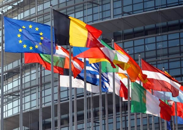 The European Union flag and national flags in front of the European Parliament in Strasbourg.