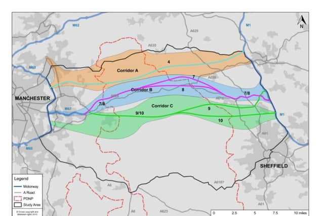 Highways England's preferred routes for a tunnel between Sheffield and Manchester.