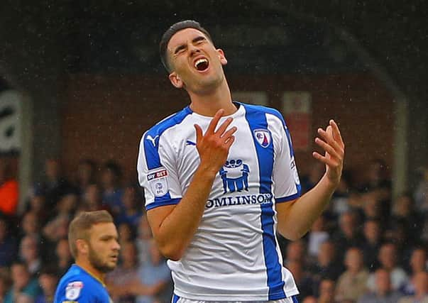 Picture by Gareth Williams/AHPIX.com. Football, Sky Bet League One; 
AFC Wimbledon v Chesterfield; 03/09/2016 KO 3.00pm;  
The Cherry Red Records Stadium;
copyright picture;Howard Roe/AHPIX.com
It's anguish for Conor Wilkinson as his effort doesn;t quite find the target