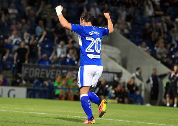 Chesterfield v Wolverhampton Wanderers in the Checkatrade Trophy at the Proact on Tuesday August 30th 2016. Chesterfield player Kristian Dennis celebrates after scoring Chesterfield's 2nd goal. Photo: Chris Etchells