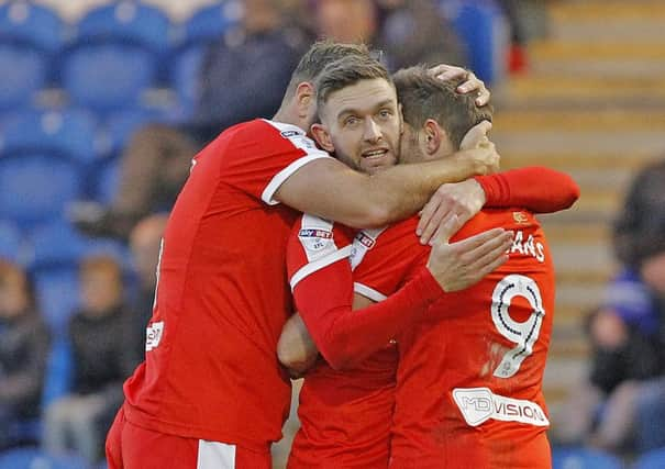 Picture by Lawrence Smith/AHPIX.com. Football, Emirates FA Cup; FA Cup; Emirates
Colchester United v Chesterfield FC; 05/11/2016 KO 1500;  
Weston Homes Community Stadium;
copyright picture;Howard Roe/AHPIX.com
Chesterfield goalscorer Ched Evans is congratulated on his winning goal by fellow goalscorer Jay OÃ¢Â¬"Shea