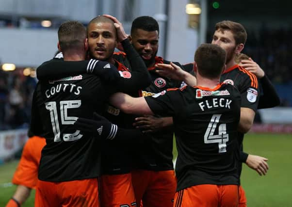 Leon Clarke of Sheffield Utd celebrates his goal during the English League One match at the Proact Stadium, Chesterfield. Picture date: November 13th, 2016. Pic Simon Bellis/Sportimage