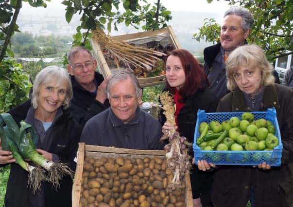 Crosspool Community Allotment Open Day: National Trust ranger Rachel Bennett (centre) with volunteers and produce