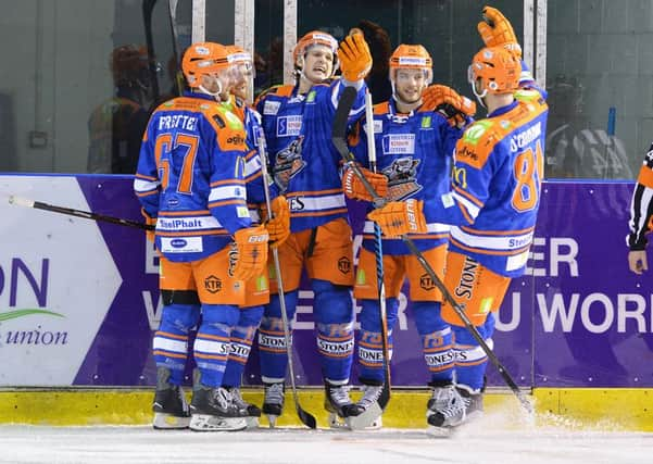 Sheffield Steelers celebrate after goal against Edinburgh. Pic: Dean Woolley