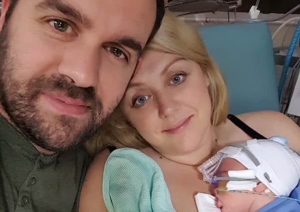 Baby Daniel Bostock, of Doncaster, with mum and dad Jodie Smith and Warren Bostock. Daniel was born on November 10 2016 and suffered severe brain damage after he stopped breathing for 25 minutes after birth, but he has survived against the odds.