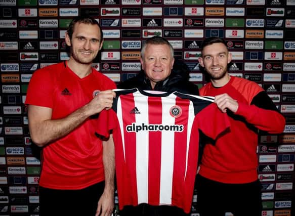 James Hanson, Chris Wilder and Jay O'Shea (right) at Bramall Lane: Simon Bellis/Sportimage