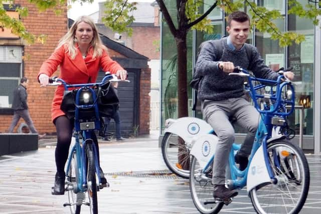 Sheffield University launch of Sheffield Bycycle scheme: staff and students trying out the cycles near the University