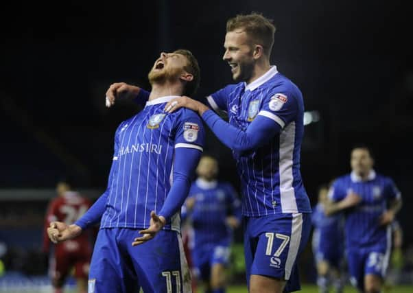 Sam Winnall celebrates his goal with Jordan Rhodes