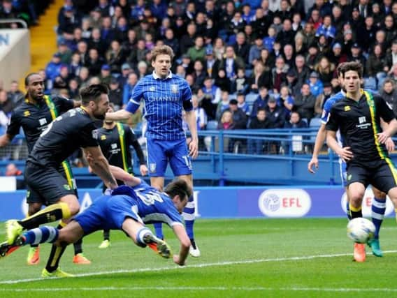 Morgan Fox heads in Sheffield Wednesday's third against Norwich