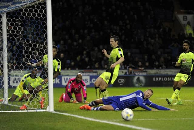 Jordan Rhodes stretches and comes close to an equaliser but just misses the ball