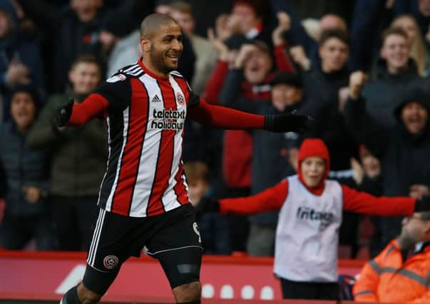 Leon Clarke of Sheffield Utd celebrating his first goal against Hull