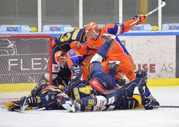 Sheffield Steelers drive the net in Denmark. Pic by Dean Woolley