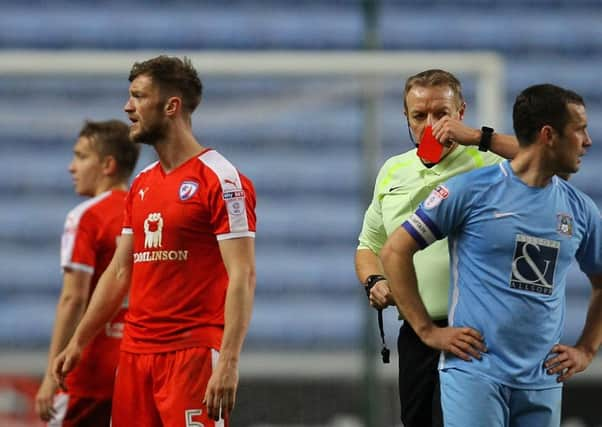 Picture by Gareth Williams/AHPIX.com; Football; Sky Bet League Two; Coventry City v Chesterfield FC; 01/01/2018 KO 15.00; Ricoh Arena; copyright picture; Howard Roe/AHPIX.com; Referee Trevor Kettle gets the red card out for Scott Wiseman