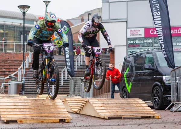 Bikers taking part in the Howard Street Dual a Sheffields Outdoor City Weekender 2017.