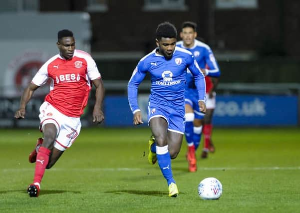 Chesterfield midfielder Reece Mitchell and Fleetwood Town defender Godswill Ekpolo during the Checkatrade Trophy match between Fleetwood Town and Chesterfield at Highbury Stadium, Fleetwood on Tuesday 5th December 2017. (Credit: Howard Roe | AHPIX )
Â©AHPIX
Tel: +44 7973 739229