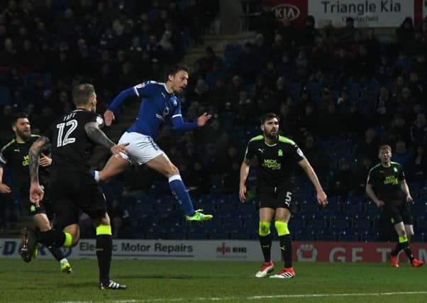 Picture Andrew Roe/AHPIX LTD, Football, EFL Sky Bet League Two, Chesterfield v Cambridge United, Proact Stadium, 13/02/18, K.O 7.45pm

Chesterfield's Kristian Dennis scores with his head to make it 2-1

Andrew Roe>>>>>>>07826527594