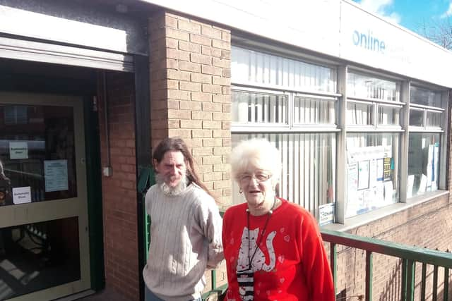 Dean Platts and Janet Bagshaw outside Southey library