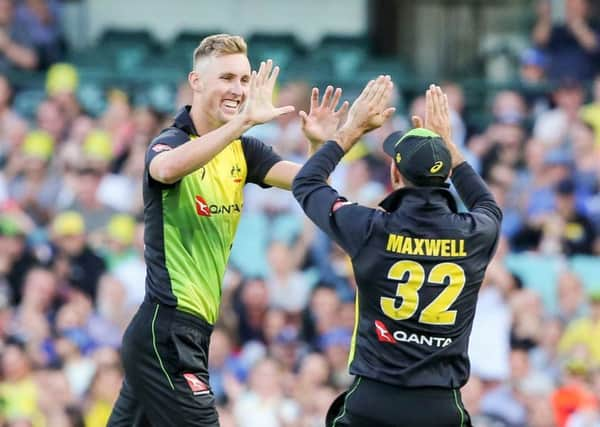 AYUP LAD: Billy Stanlake celebrates with Glenn Maxwell after taking his first wicket for Australia against New Zealand in the T20 Tri-Series earlier this month. Picture: David Neilson/ www.photosport.nz/SwPix.com