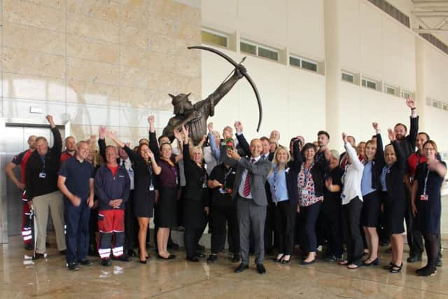 Team celebrations at award winning Doncaster Sheffield Airport - named best small airport in the UK by Which? magazine