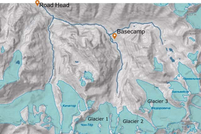 The main map for the Kyrgyztan trip showing base camp