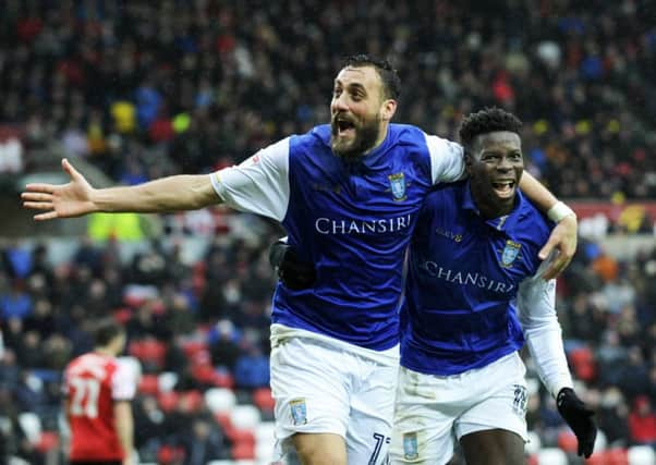 Atdhe Nuhiu celebrates his goal against Sunderland with Lucas Joao