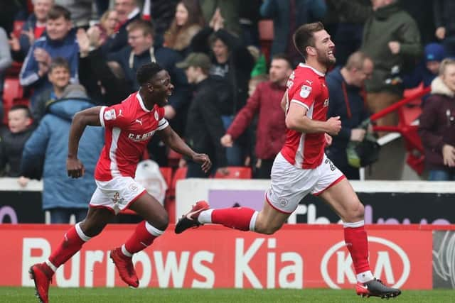 Gary Gardner of Barnsley (r) celebrates the first goal: Simon Bellis/Sportimage