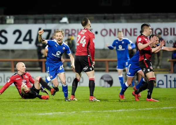 Picture by Howard Roe/AHPIX.com;Football;League One;
10/04/2018  KO  7.45pm; copyright picture;Howard Roe;07973 739229
                         
Chesterfield defender Andy Kellett celebrates after firing home the equaliser between Morecambe and Chesterfield.