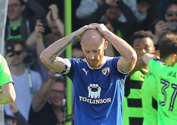 Picture by Gareth Williams/AHPIX.com; Football; Sky Bet League Two; Forest Green Rovers v Chesterfield FC; 21/04/2018 KO 15:00; The New Lawn; copyright picture; Howard Roe/AHPIX.com; Agony for Chesterfield's Drew Talbot as their league status took a serious knock whilst Forest Green almost secured their league status