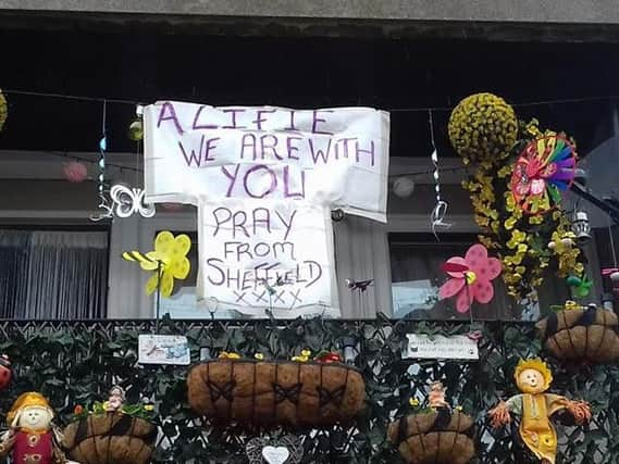 Suzie Cooper's banner showing her support for Alfie Evans' parents